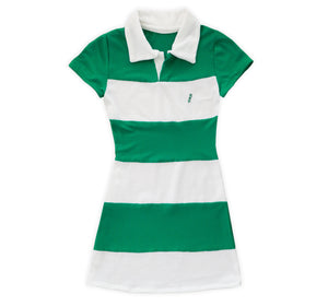 Green and white striped dress with collar on a white background