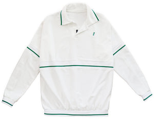 White jacket with green accents on a white background