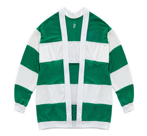 Green and white striped cardigan on a white background