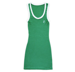 Green tank dress with white trim on a white background